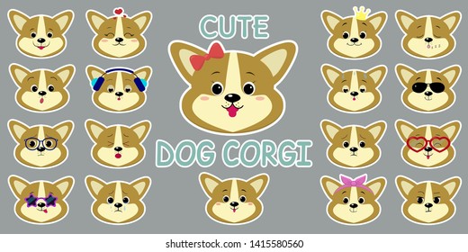 White stroke sticker, cute corgi puppy dog head, mega set of different emotions and accessories. Cartoon style, flat design, vector illustration.