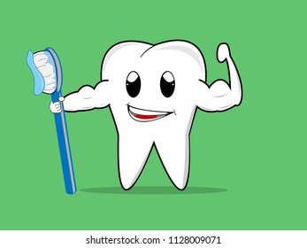 White strong tooth holding a toothbrush,Vector Illustration.