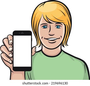 white student showing a mobile app on a smart phone