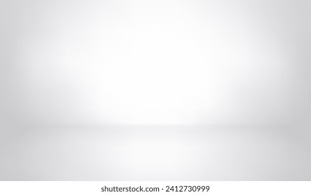 White studio background. Abstract empty room with soft light for product. Simple grey neutral backdrop. Line horizon. Gray gradient background. Texture blank wall and floor. Vector illustration