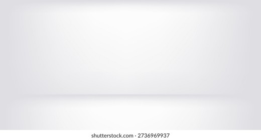 White studio background. Abstract empty room with soft light for product. Simple grey neutral backdrop. Line horizon. Gray gradient background. Texture blank wall and floor. Vector illustration