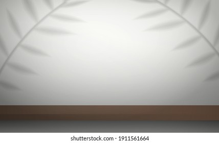 White studio background space with leaves shadows. White studio with a wall. Showcase premium cosmetics, luxury goods, and home appliances. Vector. Realistic style.