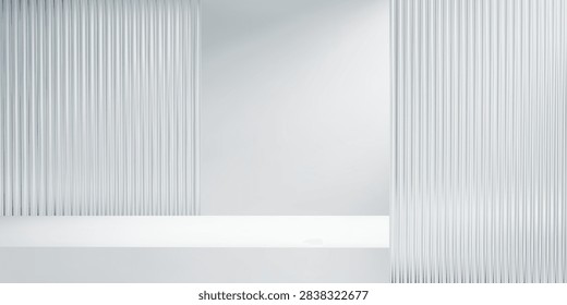 White studio background with vertical ribbed glass panels and platform. Minimal architectural composition with soft silver reflections, fluted texture and grey surface.