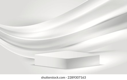 Habitación vacía de estudio blanco con podio peatonal para burlarse del producto. Plataforma geométrica gris con fondo de diseño de líneas onduladas abstractas. Lugar de lujo para productos de visualización con vectores de ondas.	
