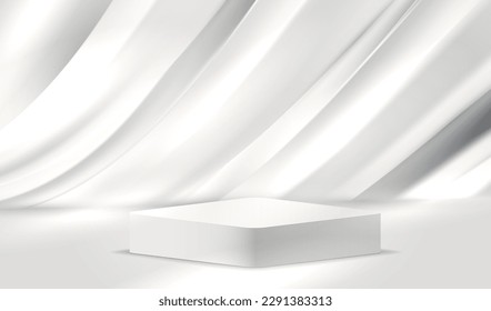 Weiße Studioleere Zimmer mit Podest und glänzendem Seidenvorhang für Produktmustern. Graue geometrische Plattform mit fließenden abstrakten gewölbten Linien Design Hintergrund. Suche nach kosmetischen Produkten.