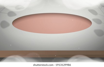 White studio with empty shelf and smoke. Studio background space with leaves shadows, shelf and smoke. Showcase premium cosmetics, luxury goods, and home appliances. Vector.