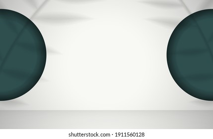 Estudio blanco con agujeros verdes circulares en la pared. Espacio de fondo de estudio con sombras de hojas. Vector. Estilo realista.