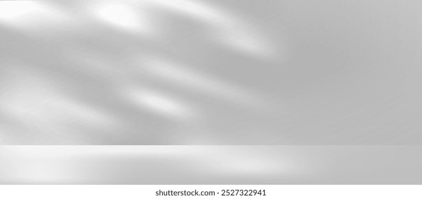 White studio with leaves shadow and sun light background. 3d gray room with sunlight and leaf nature overlay bg. Concrete floor stand scene mockup. Beauty and cosmetic display on surface texture