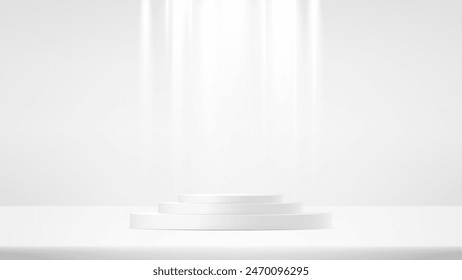 White studio room background. White background vector 3d with podium. Minimal scene for product display presentation. Empty room with light effect. stand for products. Vector illustration.