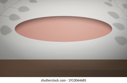 White studio room with empty shelf. Light space with leaf shadows. Showcase premium cosmetics, luxury goods, and home appliances. Vector. Realistic style.