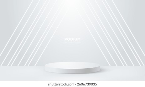 White Studio Room with Geometric Podium with Neon Light Effect. Futuristic Scene for  Product Display Vector