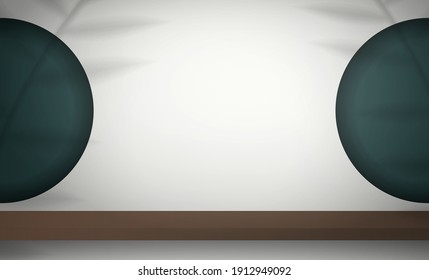 White studio with round green holes in the wall. Studio background space with leaves shadows and shelf. Showcase premium cosmetics, luxury goods, and home appliances. Vector. Realistic style.