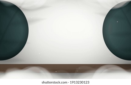 White studio with round green holes in the wall and smoke. Studio background space with leaves shadows, shelf and smoke. Showcase premium cosmetics, luxury goods, and home appliances. Vector. 