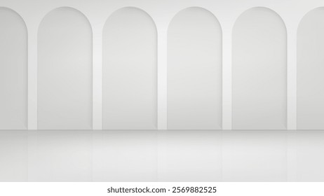 White studio with wall and arcs and columns. 3d vector background for product design