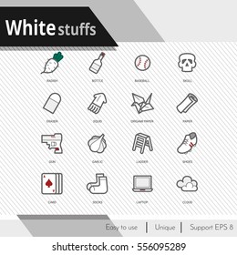 White stuffs vector icons set on white background.  Premium quality outline symbol collection. Stroke vector logo concept, web graphics.