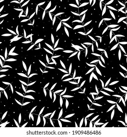 White stylish branches on black background. Seamless monohrome pattern.