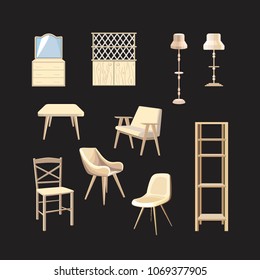 White stylish furniture on a black background. Upholstered furniture, cabinets, lamp, and a shelf. Isolated interior elements. Vector illustration.

