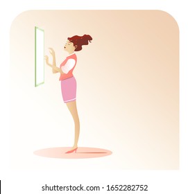 White stylish young businesswoman with skirt standing in front of a touchscreen. Business lifestyle. Flat cartoon vector illustration for landing page and website with copy space