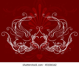 white stylization swans on dark red shabby background with the old-fashioned pattern