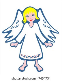 White stylized angel sit on a cloud. Christmas illustration.