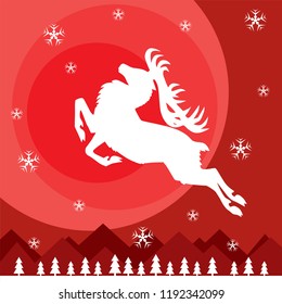 The white stylized animal silhouette on a red background. Mountains, fir-trees, snowflakes are visible. Vector image.