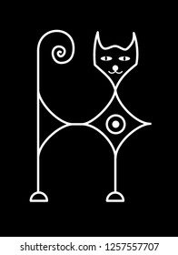 White stylized cat on a black background. Logo, sign, symbol. Black and white vector graphics. Mysterious art picture.