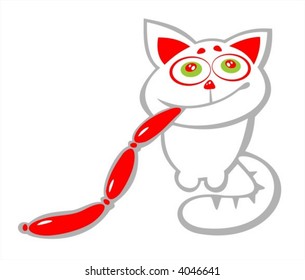 The white stylized cat with sausages in a teeth.