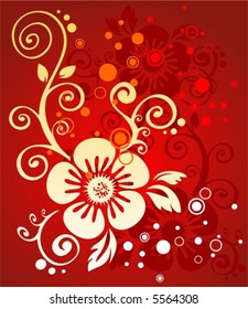 The white stylized flower and circles on a red background.