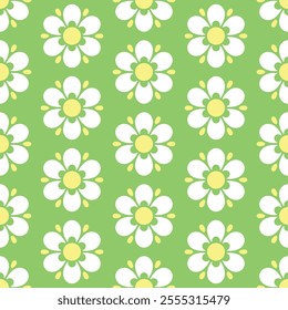 White stylized flowers on geen background. Vector seamless pattern. Best for textile, wallpapers, wrapping paper and your design.