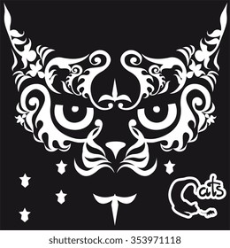 white stylized head  cat, set floral elements