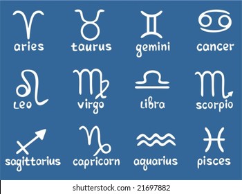 White stylized horoscope symbols on a blue background. Zodiac star signs.