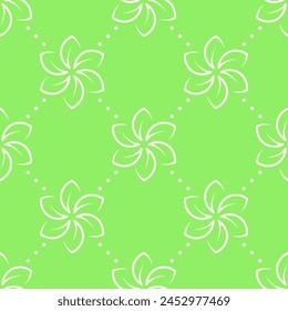 White stylized line flowers on geen dotted background. Vector seamless pattern.