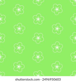 White stylized line flowers on geen background. Vector seamless pattern.