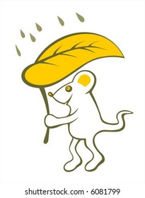 The white stylized mousy has hidden under a leaf from a rain.