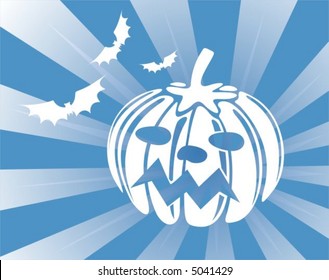 The white stylized silhouettes of a pumpkin and three bats on a dark blue striped background.