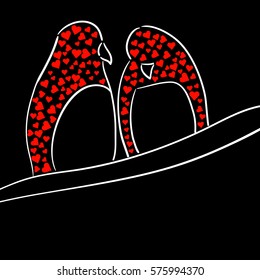 White stylized silhouettes of two birds with red hearts on black background. For Saint Valentine's Day poster or postcard. Couple of birds on a branch. Place for text. Hand drawn illustration. Vector