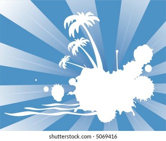 The white stylized tropical island with waves and the moon on a blue striped background.