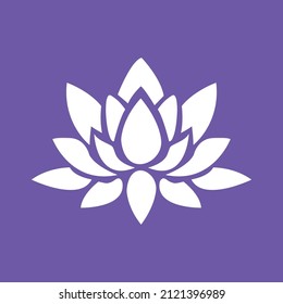 White stylized water lotos on violet background. Beautiful lotos logo for spa and meditation. Buddism symbol 