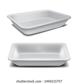 White styrofoam food storage. Food plastic tray, dark foam meal container, empty box for food vector illustration for your design