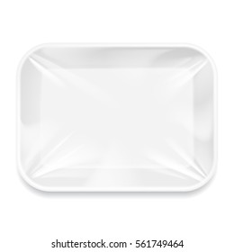 White Styrofoam Food Tray pack with film. Template For Mock up Your Design. vector illustration.