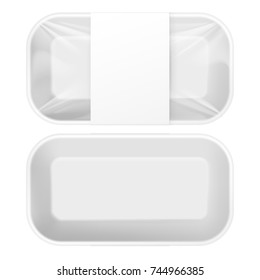White Styrofoam Food Tray pack with film and label for branding. Template For Mock up Your Design. vector illustration.