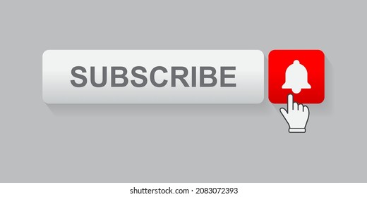 White Subscribe Button With Hand Curson On Bell Button. Social Media Concept