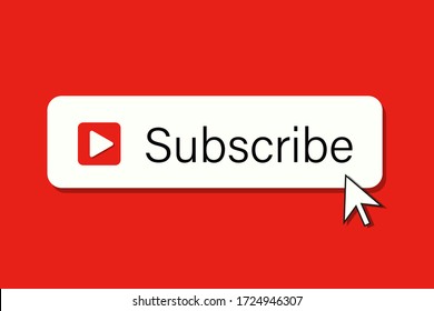 White subscribe button on red background with square play button and cursor calling to action vector illustration