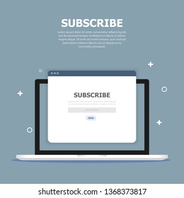 A white subscription window is displayed on the computer screen on a blue background. Above, white text is written. On the background are white small objects.