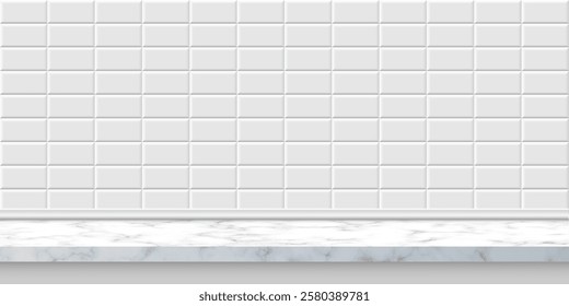 White subway tile with marble shelf. Metro brick horizontal pattern with pedestal. Bathroom, kitchen or pool interior for product display. Interior design element. Realistic 3d vector background.