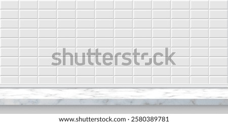 White subway tile with marble shelf. Metro brick horizontal pattern with pedestal. Bathroom, kitchen or pool interior for product display. Interior design element. Realistic 3d vector background.