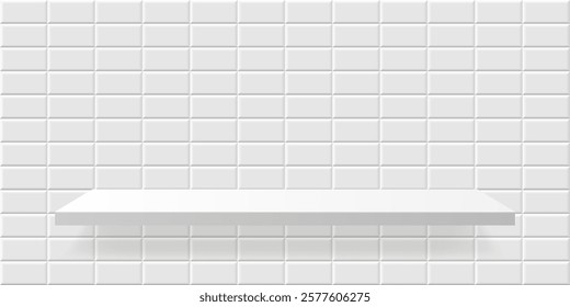 White subway tile with shelf in center. Metro brick horizontal pattern with pedestal. Bathroom, kitchen or pool interior for product display. Interior design element. Realistic 3d vector background.