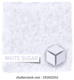 White sugar background. Textured backdrop and sugar cube