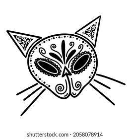 White sugar cat skull vector icon. Hand drawn doodle. Decorated head of a cute kitten. Sketch for El Día de Muertos. Monochrome concept for decoration, festival design, event, print flyers, souvenirs.