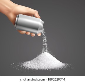 White sugar with hand water and soda can realistic vector illustration